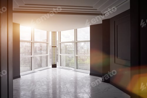 Preview: Empty Modern Flat In Construction. Large Windows, Black Walls And A Bright Sun Shining Through The