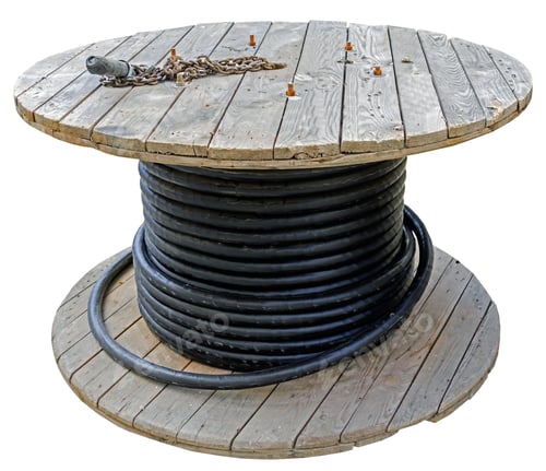 Preview: Black Wire Electric Cable With Wooden Coil Of Electric Cable On White Background