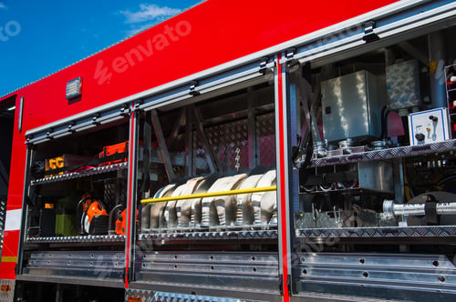 Preview: Compartment Of Rolled Up Fire Hoses On A Fire Engine. Rescue Fire Truck Equipment