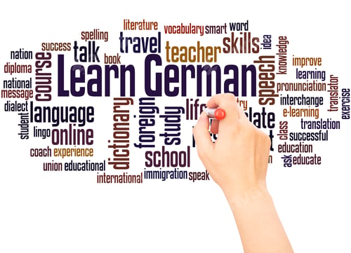 Preview: Learn German Word Cloud Hand Writing Concept On White Background.