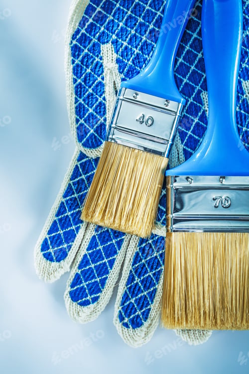 Preview: Set Of Safety Gloves Paintbrushes On White Background.