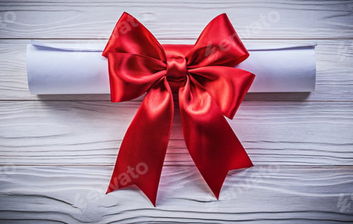 Preview: Paper Roll With Red Bow On Wooden Board Holidays Concept.