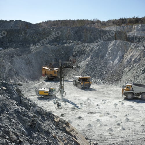 Preview: Heavy Mining Equipment - Drilling Machine, Excavator, Mining Trucks While Working In A Slate