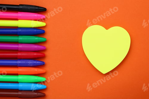 Preview: Heart-Shaped Sticker And Multicolored Felt-Tip Pens. Space For Inscription Or Text.