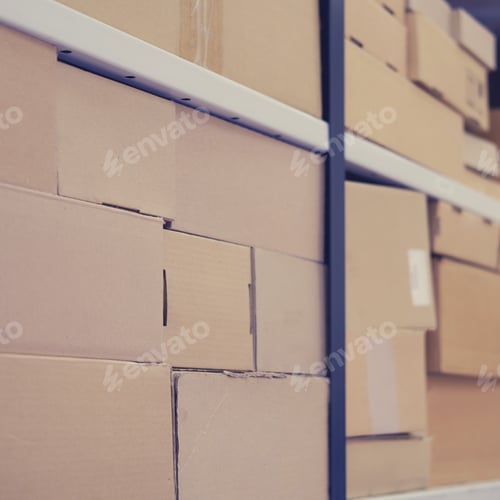 Preview: Boxes Of Cargo Are On The Warehouse Shelves. Warehouse Filled With Cardboard Boxes