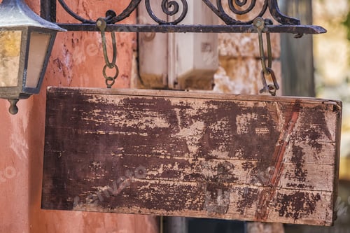 Preview: Wooden Sign Board Blank Frame On The Greek Street