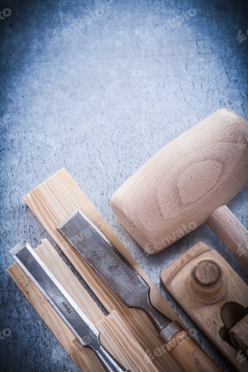 Preview: Wooden Planer Mallet Bricks Firmer Chisels Construction Concept.