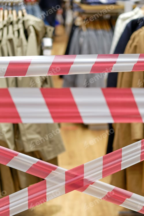 Preview: Entrance To The Store Tied With A Signal Tape As A Concept Of Problems With Coronavirus