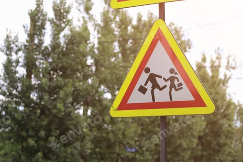 Preview: Sign Caution Children In The Sunshine On A Hot Summer Day. Toned Background.
