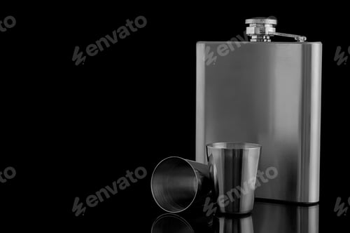 Preview: Hip Flask With Cups On A Black Background