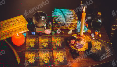 Preview: Seance Of Fortune Telling On A Tarot Cards, Candles And Fortune-Telling Objects. The Concept Of