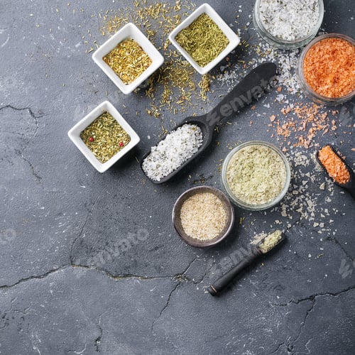 Preview: Different Types Of Salt Infused By Parsley, Oregano And Paprika With Different Spices. Top View