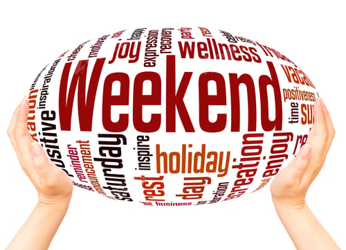 Preview: Weekend Word Cloud Hand Sphere Concept On White Background.