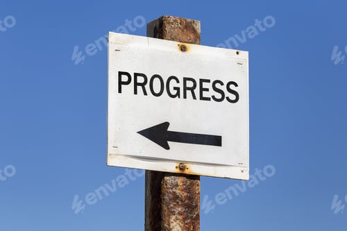 Preview: Progress Word And Arrow Signpost On Clear Sky Background. Motivational Sign.