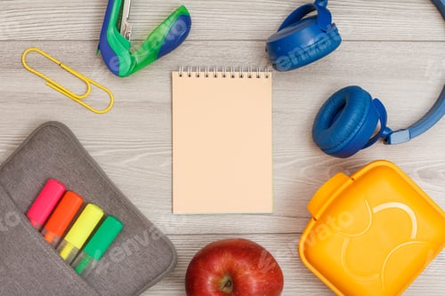 Preview: Bag-Pencil Case With Color Felt Pens And Marker, Apple, Pink Notebook, Stapler, Headphones And