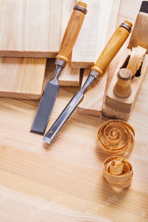 Preview: Joinery Chisels And Woodworkers Plane With Shawings On Wooden Boards