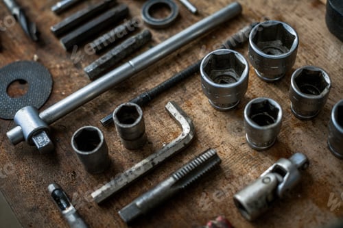 Preview: Color Image Of Many Tools On A Wooden Plank.