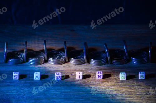 Preview: Savings Cubes With Text In Neon Street Cyber World Of Darkness. Atmospheric Concept. Abstract