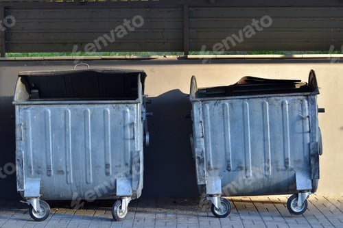 Preview: Metal Garbage Containers Standing Outdoors