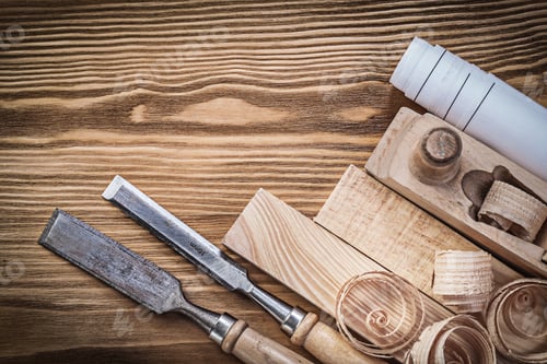 Preview: Engineering Drawing Planer Chisels Wooden Bricks Shavings On Wood Board.