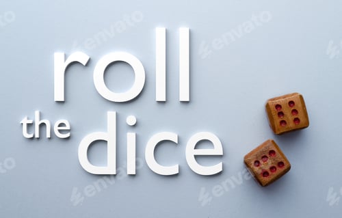 Preview: Wooden Dices And Roll The Dice Text Over Blue Background, Above View