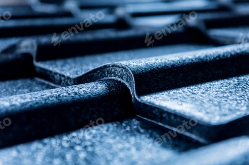 Preview: Blue Metallic Roof Tiles Background With Drops Of Water.