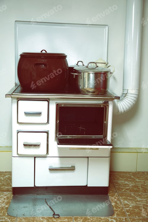 Preview: Old Wood Fire Stove With Pots, Vintage Kitchen. Vintage Style.