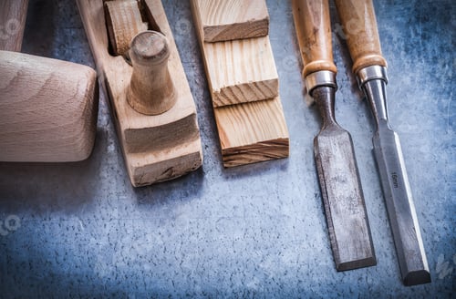 Preview: Horizontal Version Of Wooden Planer Hammer Bricks Chisels Construction Concept.
