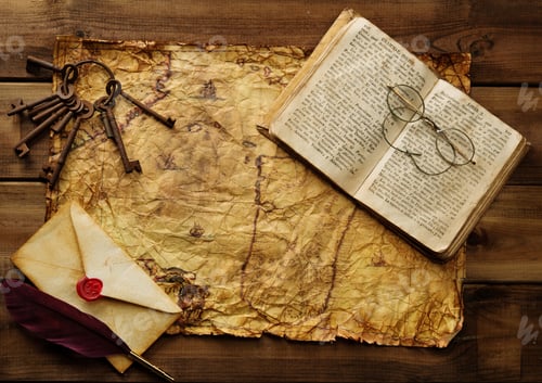 Preview: Writing Accessories Bunch Of Old Keys And Book On A Vintage Paper Over Wooden Background