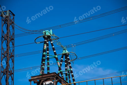 Preview: High-Voltage Power Transformer Substation. Power Plant Against A Blue Sky