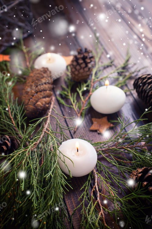 Preview: Decorative Christmas Composition - Candles, Spruce, Pine Cones, Stars On Wooden Background
