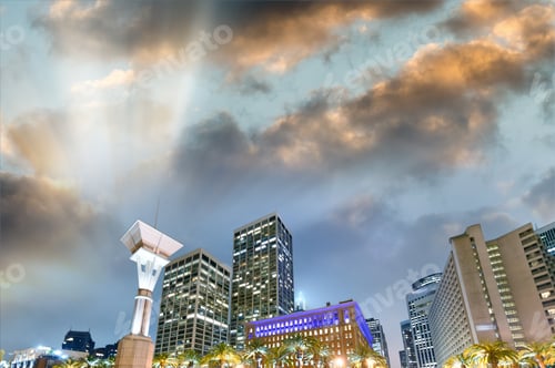 Preview: San Francisco Skyline At Night. Buildings Near Embarcadero.