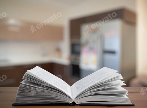 Preview: Open Cookbook On Old Wooden Table In The Kitchen