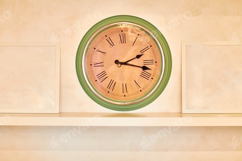 Preview: Wall Clock On Brown Background And Copy Space. Shelf With Frames From Paintings. Green And Beige