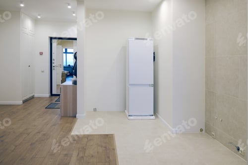 Preview: Empty Space With A Niche For The Kitchen. Refrigerator, Sockets And Lamps