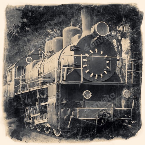 Preview: Old Locomotive In Retro Black And White Design, Vintage Stylized