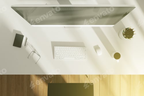 Preview: Top View On White Table With Computer And Keyboard, Chair And Wooden Floor