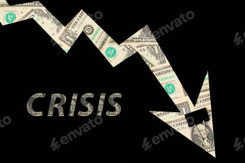 Preview: Arrow Down And The Inscription Crisis On A Black Background. The Concept Of The Fall Of The Economy