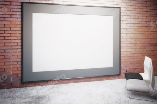 Preview: Chair And Huge Blank Picture Frame Leaning On Red Brick Wall. Mock Up, 3D Render