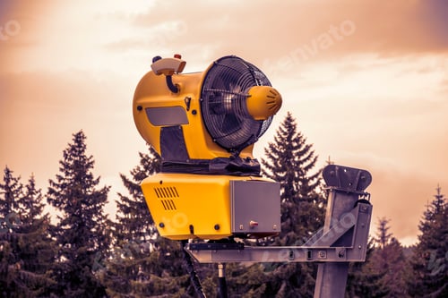 Preview: Snow Cannon Waiting For Frost With Sky Background, Snowmaker Machine. Color Effect.