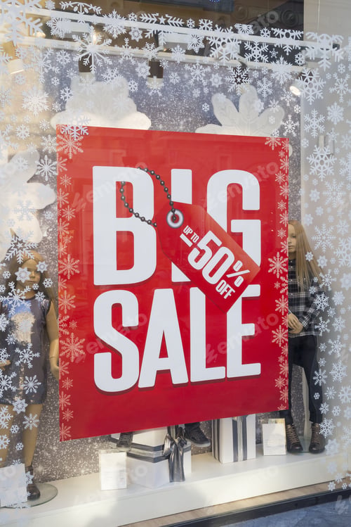 Preview: Sale Sign In Shop Window, Discount Sale Sign, Sign 50 Percent Off The Price, Big Reductions.