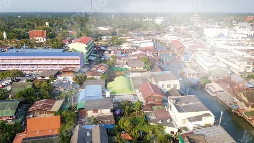 Preview: Aerial View Of Amphawa Market From Drone, Famous Floating Market Near Bangkok, Thailand.