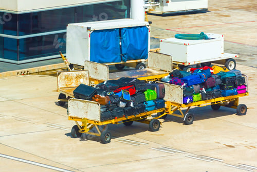 Preview: Baggage In The Trailer At The Airport, Santiago, Chile. Copy Space For Text