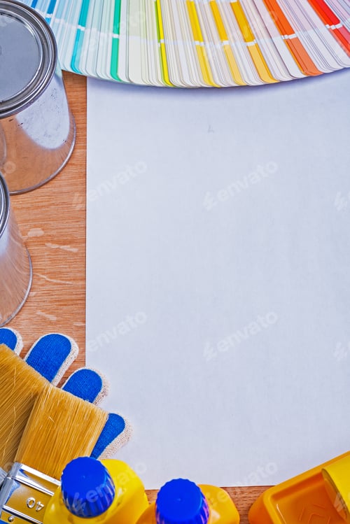 Preview: White Blank Sheet Of Paper Brushes Bottles And Jars Color Palette