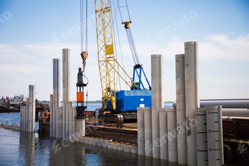 Preview: Piling Machine Working On The River Bank Hammers Piles To Strengthen The Bank And Build A Bridge