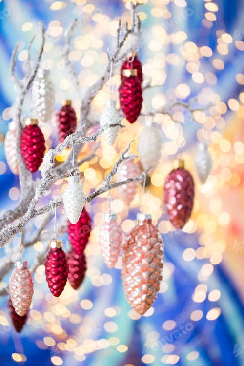 Preview: Christmas Greeting Card. Cone Decoration On Bokeh Background. New Year Concept. Copy Space. Flat