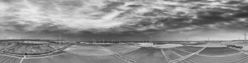 Preview: Panoramic Sunset View Of Meadows With Windmills. Environment Concept.