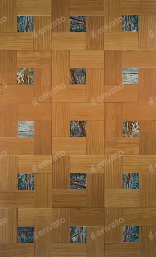 Preview: Texture Of Brown Parquet With Marble Stone Inserts In A Wooden Parquet. Luxury Flooring.