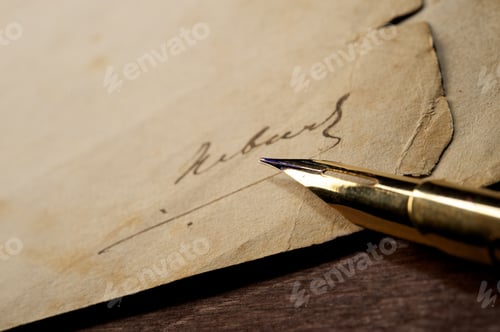 Preview: Old Paper and Golden Fountain Pen Close Up