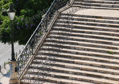 Preview: Beautiful Close Up Of A Typical Stairway Made Of Calcada Pavement With A Gorgeous Retro Lamp Post